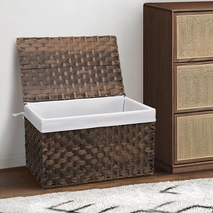 Wicker Storage Basket with Lid, 27.7 Gallon (105L) Large Blanket Basket with Lid, Woven Storage Bin with Handles, Removable Liner, Metal Frame, Foldable, for Bedroom, Laundry Room, Brown - Image 7