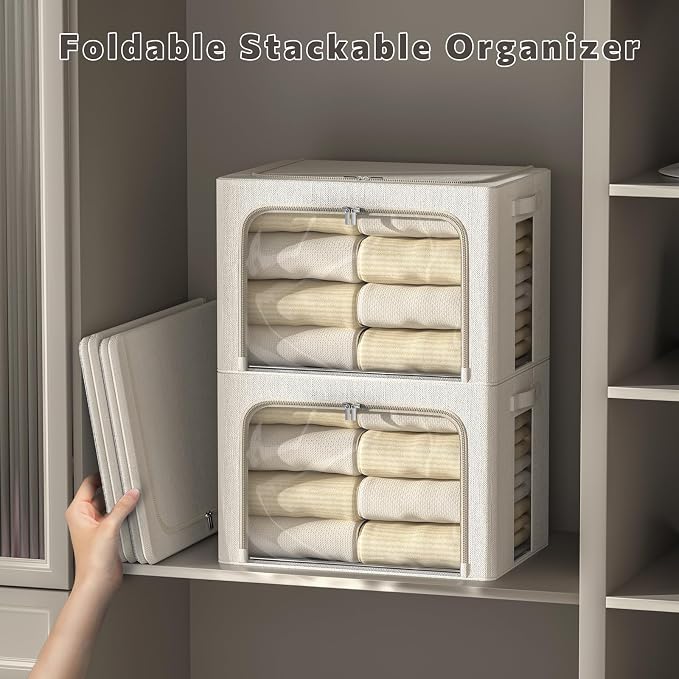FHSQX 6 Pack Clothes Storage Bins with Metal Frame- Foldable Storage Bins for Clothes Linen Fabric Storage Box with Opening Clear Window (Lvory White, 15.7x11.8x9.8inch(30L)) - Image 4