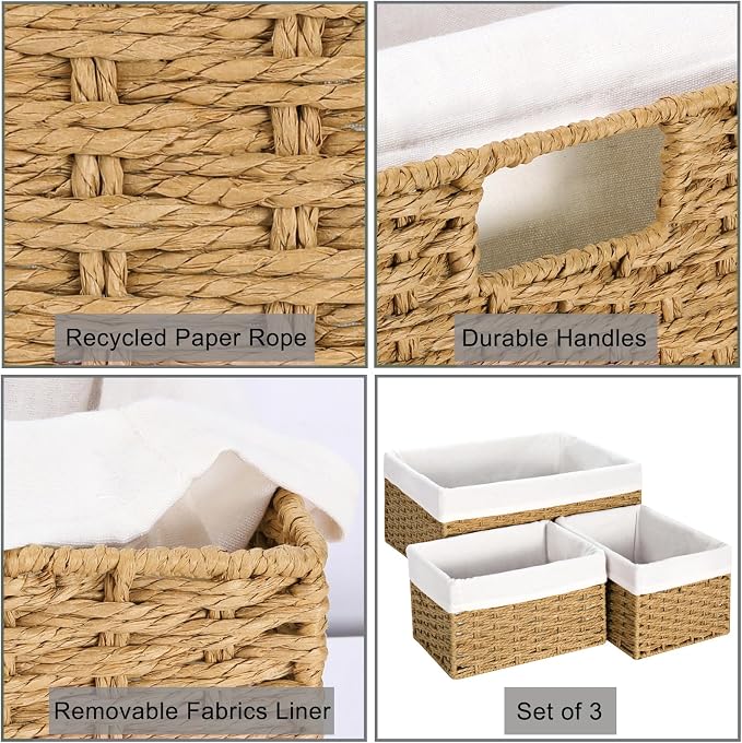 Wicker Storage Basket, 3-Pack Woven Paper Rope Wicker Baskets with Handles, Large Wicker Basket Cube Storage Bins with Liners, Storage Baskets for Organizing Shelves & Decor, Natural - Image 3