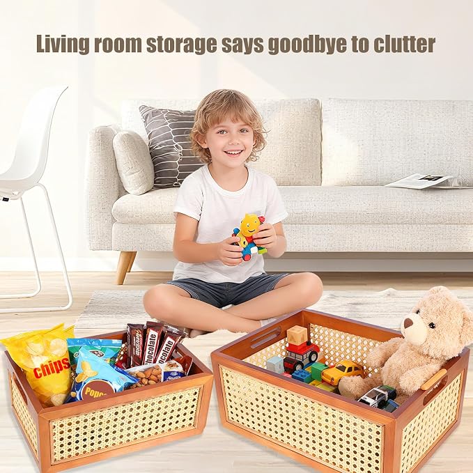 Rattan Storage Baskets Set, Wooden Frame with Woven Cane Design, Nesting Organizer Bins for Living room Bedroom Bathroom Kitchen Shelf, Set of 2 - Image 4