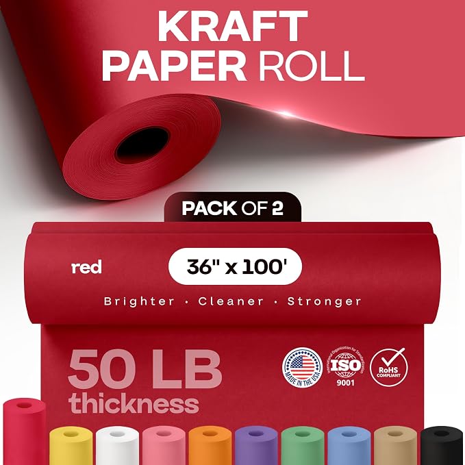 36" x 1200" (100 ft) Red Kraft Paper Roll, Pack of 2 - USA-Made Quality Craft Paper for Gift Wrapping, Kids' Arts & Crafts, School Projects - 100% Recycled, 50 lb Natural Material by IDL Packaging - Image 4