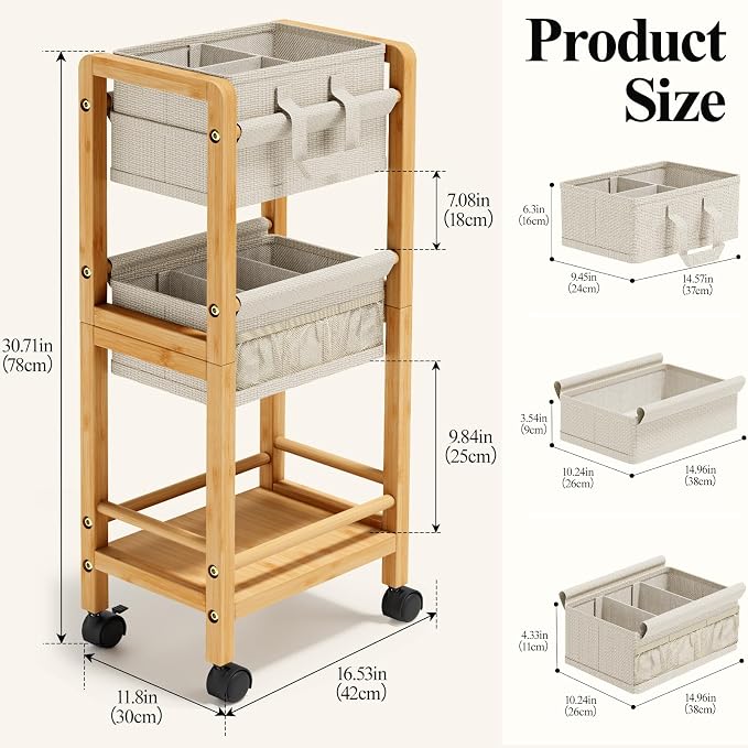 Bamboo Diaper Caddy Cart with Wheels - 3-Tier Rolling Storage，Beige | Removable bins, side pockets, sturdy handle, smooth wheels. For nursery, living room, laundry, pet. Natural bamboo, versatile - Image 2