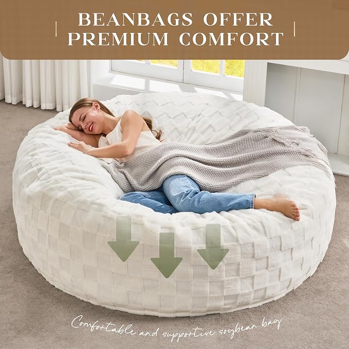 Hobestluk Giant Bean Bag Chairs 6FT Oversized BeanBag Chair for Adult Jumbo | Memory Foam,Washable Cover,Unique Fluffy Plaid,Comfy Bean Bag Bed with Filler Lounging Gaming Bedroom Living Room | White 6FT - Image 6