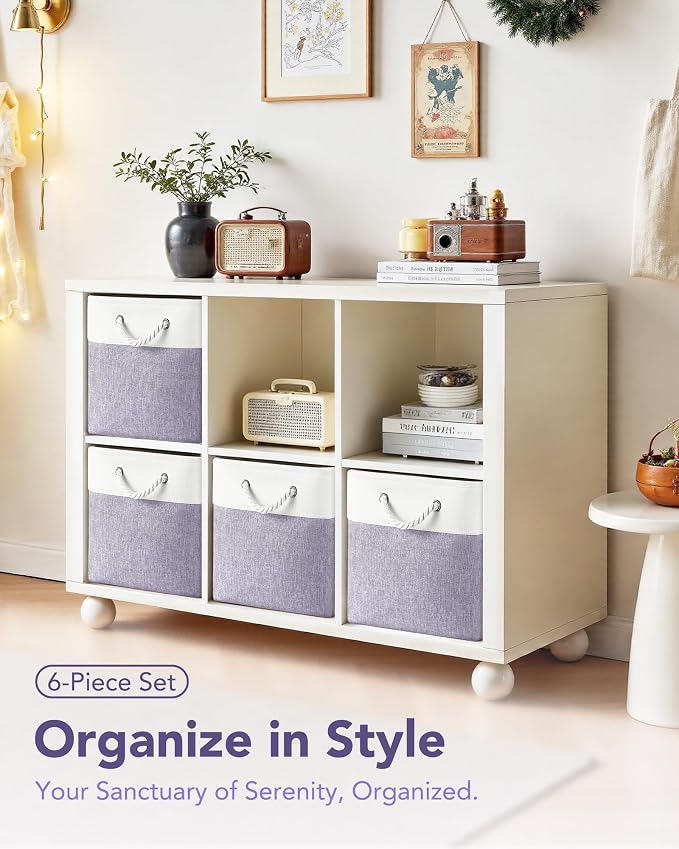 13x15x13 Inch Large Storage Bins with Cotton Rope Handles 6-Pack | Foldable, Top support of metal frame, Bottom with Cardboard Support, Fabric Cube Storage Bins for Closet, White Purple - Image 3