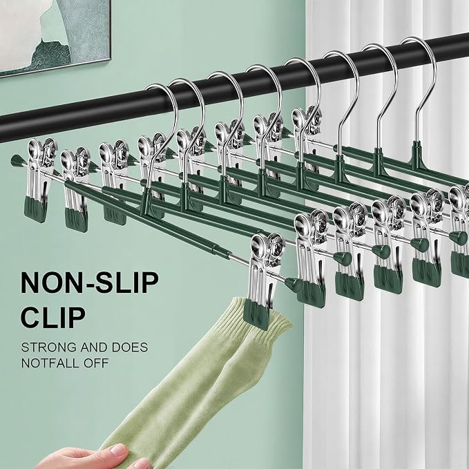POZEAN Pants Hangers with Clips for Women 50 Pack, 12Inch Adjustable Heavy Duty Skirt Hangers, Space Saving Non-Slip Shorts Jeans Trousers Clothes Hangers, Green - Image 3