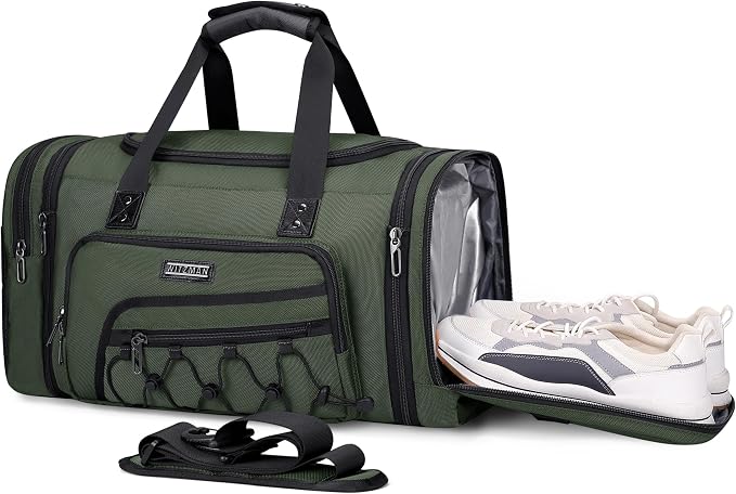 WITZMAN Mens Duffle Bag Expandable 50L Travel Gym with Shoe Compartment | Nylon, Large, With Dry-wet Pocket, Fits 16" Laptop, Carry-on Bag, For Sports Weekender Overnight, B695 Army Green by WITZMAN