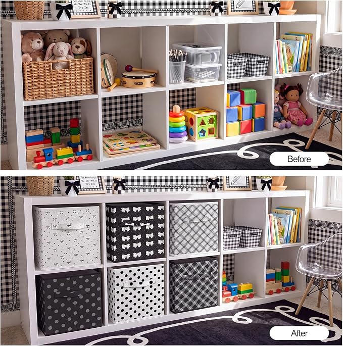 Glooglitter 6 Pcs Coquette Black Bow Storage Bins with Handles 11 Inch Foldable Classroom Storage Cubes Polka Dot Organizer Baskets Black and White Collapsible Organizer Bins for School Classroom Dorm - Image 4
