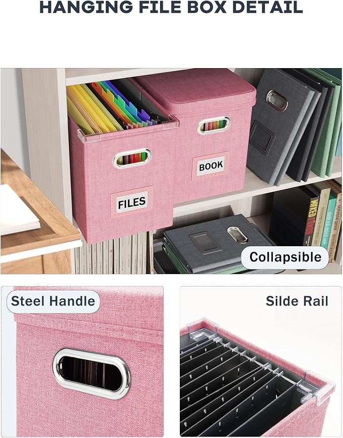 File Organizer Box with Lid, Hanging Filing File Box with Mesh Pocket, Document Organizer Box for Letter Files, Portable Storage Box with Smooth Sliding Rail for Office&Home (1 PCS, Pink) - Image 5
