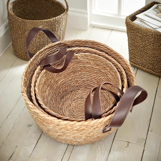 GIB Round Seagrass Storage Baskets Woven Wicker Planter Baskets for Decor | Decorative Basket for Blankets, Plants, Shelves Organizing, Natural Rattan, Leather Handles, 13", 12" & 11", Set of 3 - Image 6