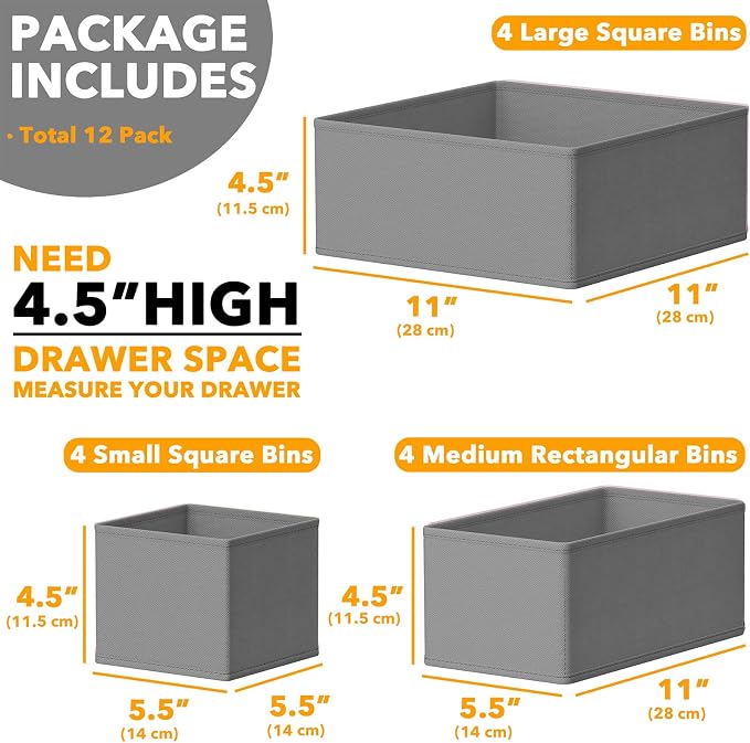 SpaceAid Drawer Organizer Clothes, 12 Pack Dresser Organizer Bins for Nursery, Closet Organization and Storage Dividers for Clothing, Baby Clothes, Underwears, Socks (Grey) - Image 6