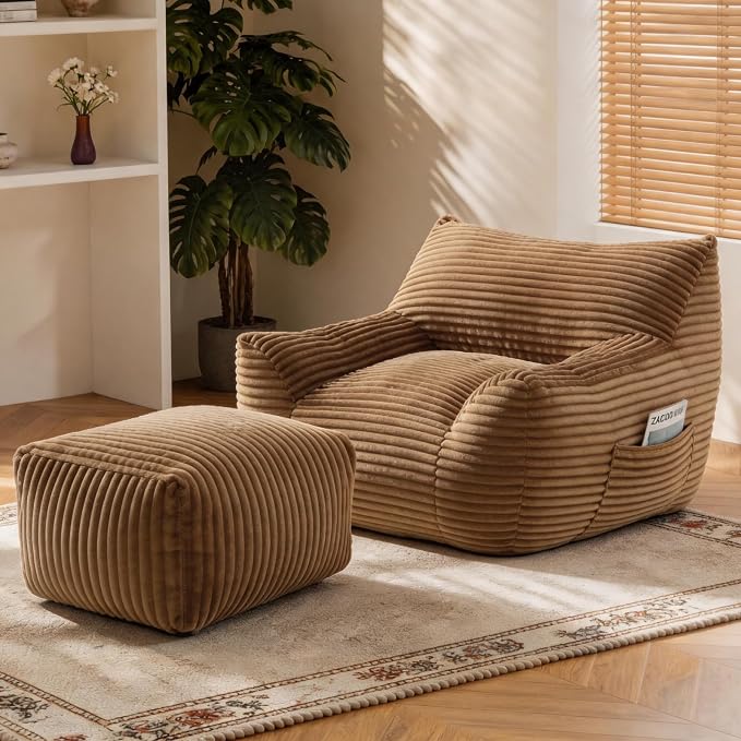 Oversized Bean Bag Chair with Ottoman, Bean Bag Couch with 2 Side Pockets, Corduroy Boneless Couch Chair in a Box, Comfy Lounge Chair for Living Room, Bedroom, Dorm, Brown by Nivayor