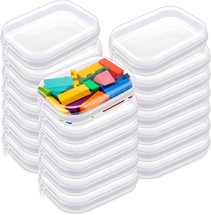 20 Pcs Clear Hard Zipper Case Bulk Hard Shell Plastic Pouch Transparent Double Zippers Toy Storage Organizer Bins for Building Blocks, Puzzles, Cosmetics(7.87 x 5.9 x 2 Inch) by Qiyaz