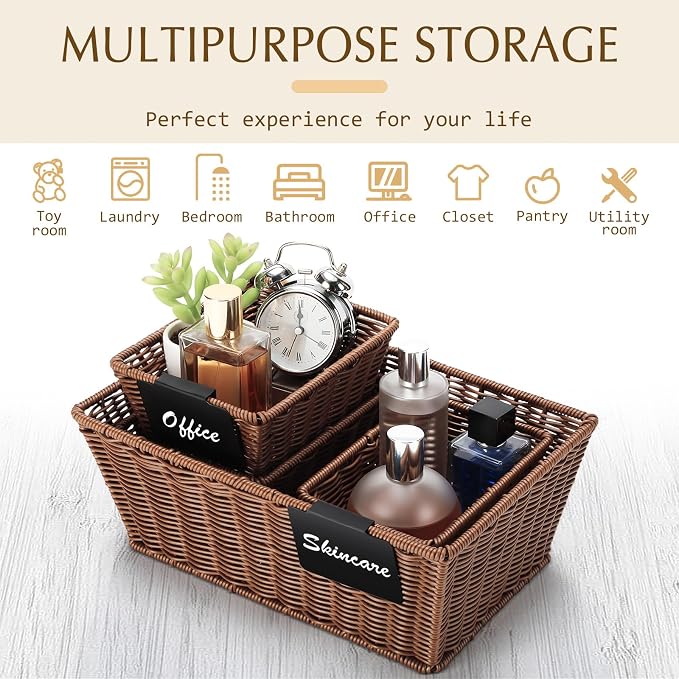Marsui 6 Pcs Wicker Storage Baskets for Pantry Organization with Labels Handwoven Multi-size Brown Wicker Storage Bins for Organizing Small Baskets Container for Shelves Closet Toilet - Image 4