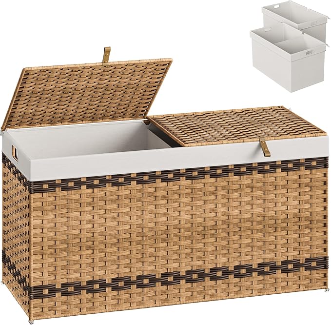 HOOBRO Storage Basket with Lid, 52.8 Gallon (200L) Wicker Storage Basket with 2 Separate Lid, Blanket Storage Bin with 2 Removable Liner Bags, for Bedroom, Laundry, Natural and Brown NL277CW01 by HOOBRO