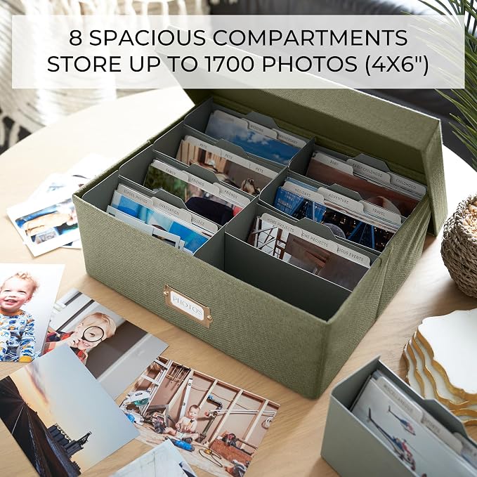 Decorative Photo Storage Box - Sturdy Linen Organizer Holds 1700 Photos | Organizer with Dividers Stores Up to 1700 4x6 Pictures - Portable Scrapbook Storage Containers with Lid - Image 5
