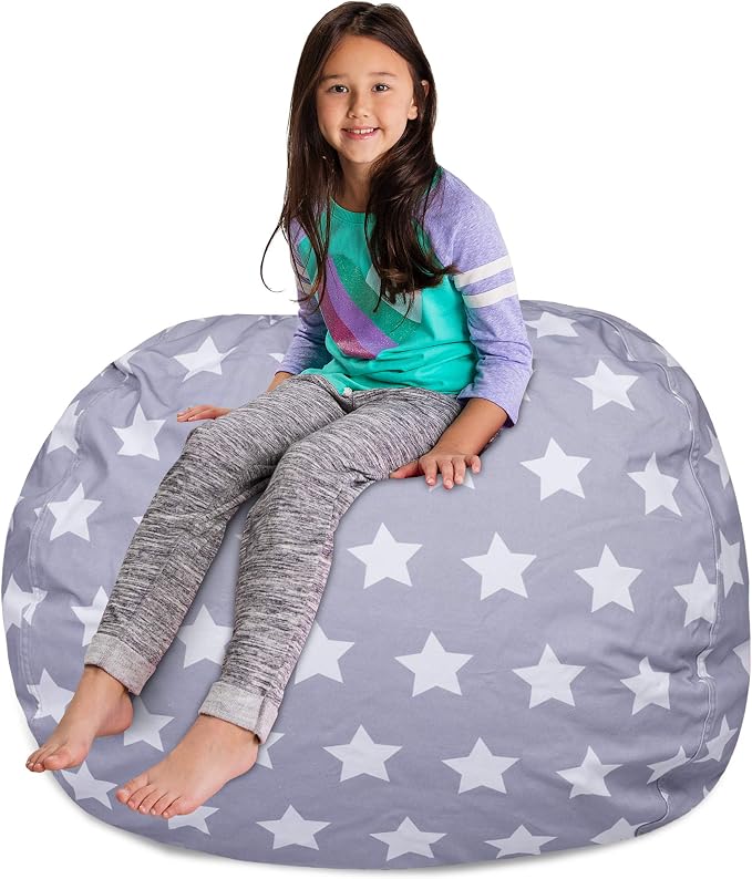 Posh Creations Kids Stuffed Animal Storage Bean Bag Chair Cover - Childrens Toy Organizer, X-Large-48in, Canvas White Stars on Gray - Image 4
