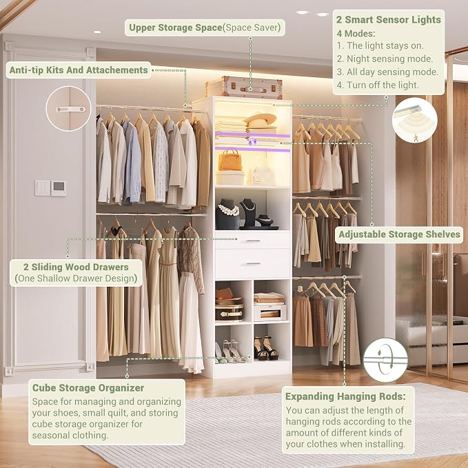 Besiost 4-8 FT Closet System, Closet Organizer System with Smart Sensor Lights, White - Image 6