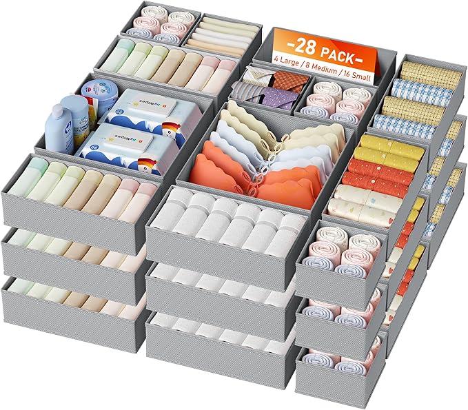 DIMJ Drawer Organizer Clothes, 28 Pack Dresser Organizer, Foldable Closet Organizers and Storage, Fabric Dresser Bins, Drawer Dividers for Nursery, Baby Clothes, Underwears, Sock,Gray by DiMJ
