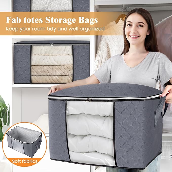 90L Clothes Storage, Foldable Thick Fabric Blanket Storage Bags | Foldable Containers with Zippers,Window and Handles for Organizing Bedroom, Closet, Comforter, Bedding,Dorm essentials - Image 5