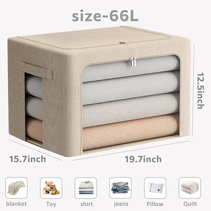 FHSQX 2 Pack Clear Window Storage Bins - Large Stackable Linen Fabric Storage for Clothes Foldable Container Organizer Set with Carrying Handles (Beige, 19.7x 15.7x 12.6 Inch) - Image 4