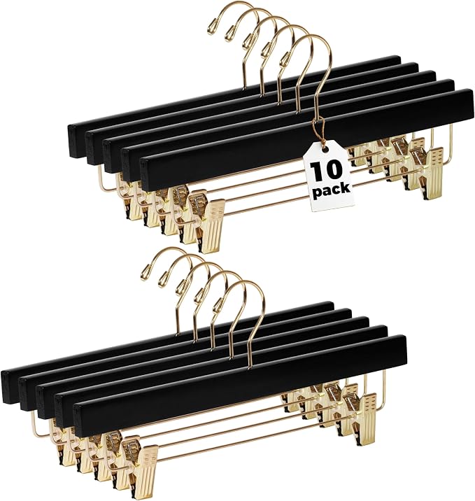 Quality Hangers Black Wooden Pants Hangers - 10-Pack Swivel Hook Cloth Hanger Set - Lotus Wood Skirt, Pant, Shorts and Slack Hangers with Adjustable Clip – Black Clothing Hanger (Gold Hook, 10) by QualityHangers