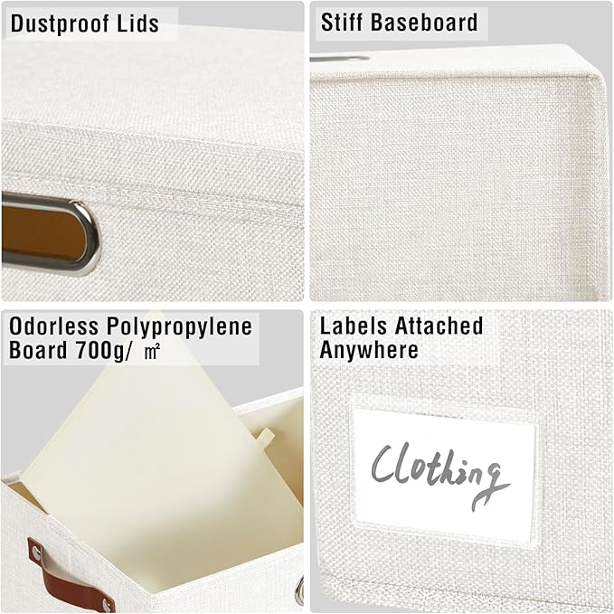Roobyl 15" Fabric Storage Box with Lids, 3-Pack, White | Stackable, Foldable, 2 PU Handles and 2 Metal Handles, Decorative Fabric, For Home, Bedroom, Closet, Office, Nursery - Image 5