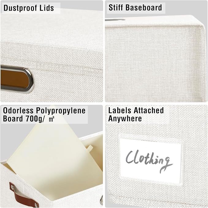 17" Large Fabric Storage Box with Lids, 3-Pack, White | Stackable, Foldable, 2 PU Handles and 2 Metal Handles, Decorative Fabric, For Home, Bedroom, Closet, Office, Nursery - Image 4