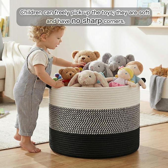 Artfeel 40L Large Cotton Rope Basket, Decorative Woven Blanket Storage for Living Room, Boho Toy Storage & Toy Box for Kids, Versatile Laundry Basket & Nursery Hamper for Blankets(Black) - Image 2