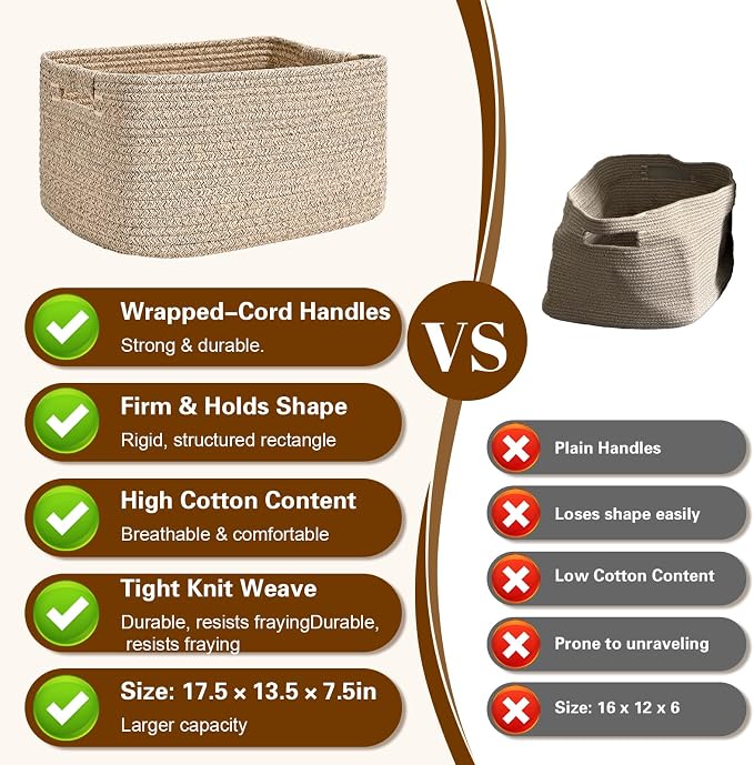 4 Pack Large Storage Basket for Organizing, 17.5"x13"x7" Woven Basket for Shelves, Closet Cube Storage Bins with Wrapped Handle, Cotton Rope Baskets for Kitchen, Clothes, Toys(Natural)) - Image 6