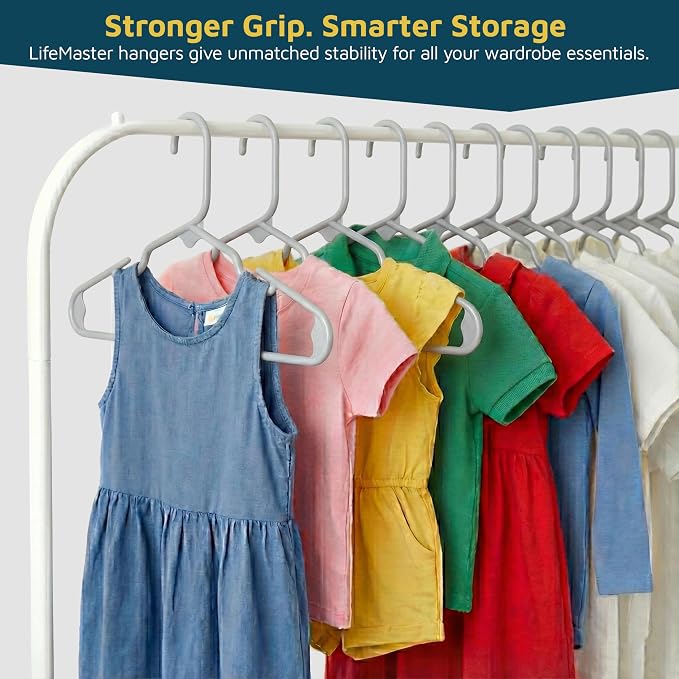 Lifemaster Plastic Kids Clothes Hangers – Children Clothes Hanger with Shoulder Notch, 11.6 Inch Space-Saving Closet Organizer for Baby, Toddler, and Kids Clothing, Hold Up To 5 lbs, Pack of 100, Gray - Image 3