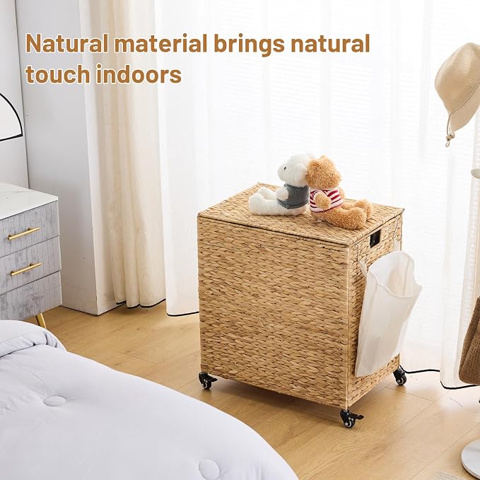 Laundry Hamper with Wheels, 40.92 Gallon(155L) Water Hyacinth Laundry Basket with Lid, 2-Section Wicker Clothes Hamper with 2 Removable Liners, Laundry Sorter with Side Pocket, Natural - Image 3