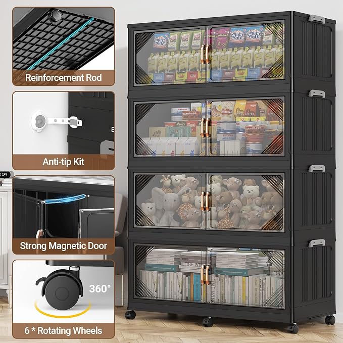 BROVIEW V60 660QT Plastic Stackable Storage Bins with Lid, 3Pack Black | 165Gal Extra Large Closet Organizers Collapsible Cabinets Boxes With Drawer, Foldable Container with 6x Wheels for Home - Image 5