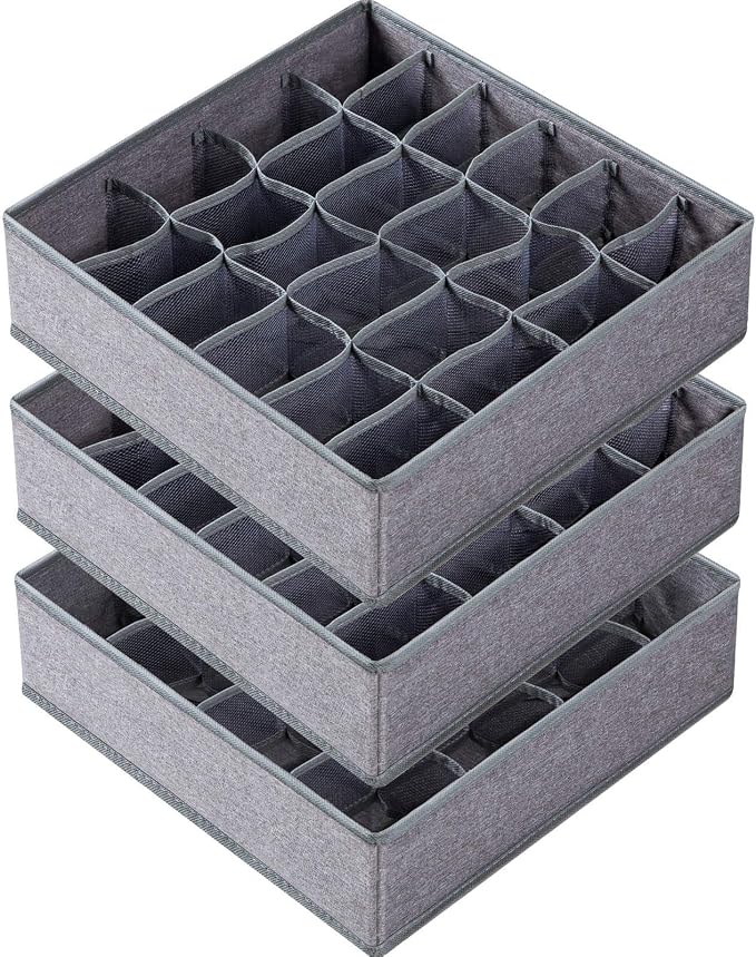 3 Pack Sock Underwear Drawer Organizer Dividers, 64 Cell Fabric Foldable Dresser Organizer for Closet Organizers and Storage Boxes for Organizing Socks, Underwear, Ties (16+24+24 Cell, Gray) by Criusia