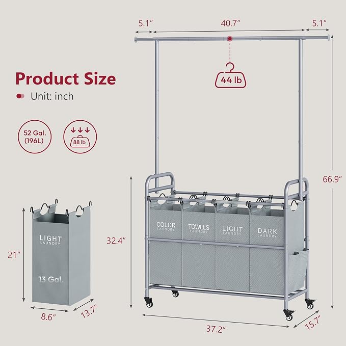 Laundry Sorter 4 Section, Laundry Basket with Hanging Rack, Gray | 196L Laundry Hamper with Hanging Rack and Heavy Duty Lockable Wheels, Rolling Laundry Cart for Bathroom, Bedroom, Home - Image 7