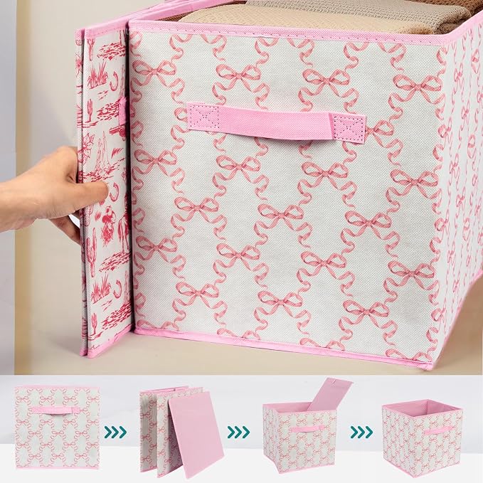6 Pcs Pink Bow Cube Storage Bins 12.5 Inch Storage Basket with Handle, Cute Girls Organizer Basket, Collapsible Fabric Box for Classroom Bedrooms Office Home Decoration (Bow) - Image 2