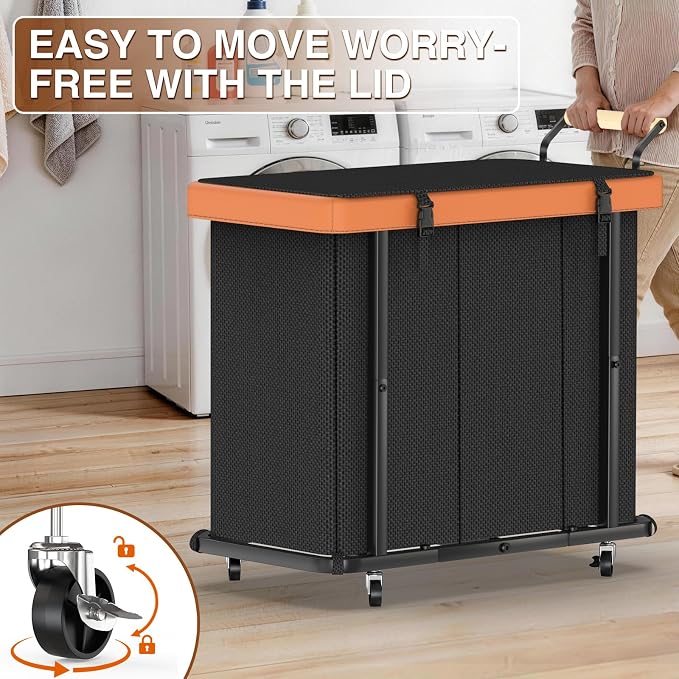 Rolling Laundry Hamper with Wheels, Laundry Hamper 3 Section with Lid Black | Laundry Basket with Rolling Lockable Wheels and Handle, Laundry Basket Organizer for Laundry Room, Bedroom 230L - Image 3