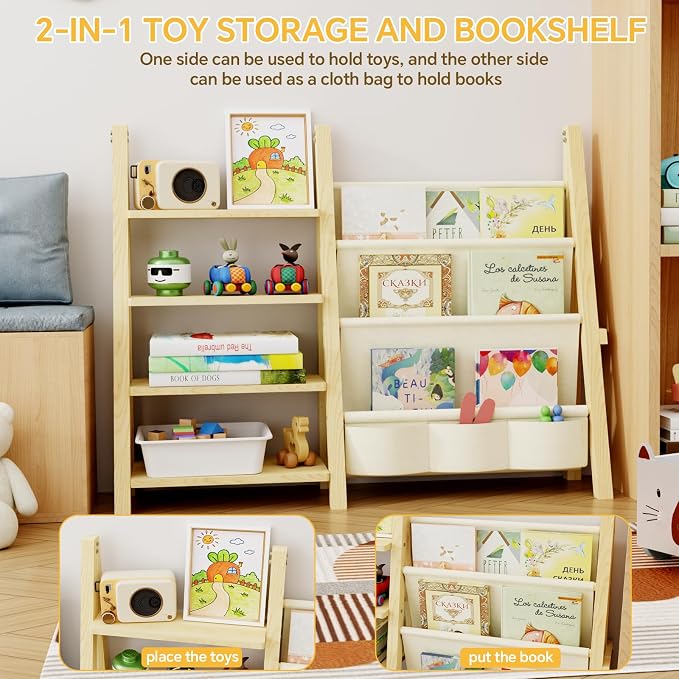 Toy Storage Organizer with Kids Bookshelf, Montessori Wooden Toy Organizer Book Shelf for Kids Rooms, Nursery, Playroom, Child, Baby, Toddler Bookcase, Toys Rack Fabric Sling Book Shelves - Image 3