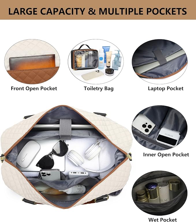 Travel Overnight Bag Weekender Bags - Duffle Bag Women with Shoe Compartment Carry on Tote Bag with Toiletry Bag Gym Duffel Bag with Wet Pocket Hospital Bags for Labor and Delivery Black White Brown - Image 2