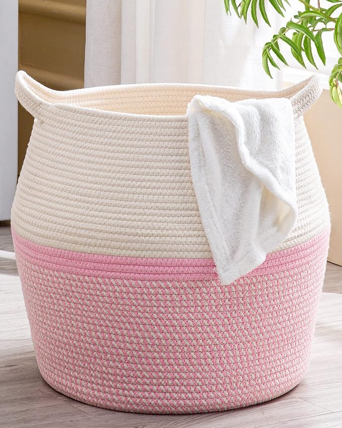 KAKAMAY Woven Baskets for Storage(17"x17"),Large Cotton Rope Woven Baby Laundry Hamper,Collapsible Laundry Basket, Blanket Basket for Organizing Living Room,Nursery,Pillows,Toy Chest(Pink) by KAKAMAY