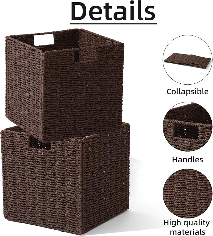 Set of 2 Hand-Woven Paper Rope Wicker Baskets,12x12x12in Storage Basket, Foldable Cube Storage Bins, Brown Storage Cubes, Square Baskets for Organizing Shelves Decor - Image 2