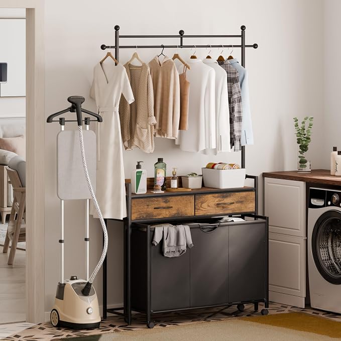 Mondeer 150L Laundry Sorter with Hanging Rack, 3 Compartments, 2 Drawers | Shelf, Wheels, Pull-Out Laundry Hamper for Bathroom Bedroom, Rustic Brown and Black - Image 7