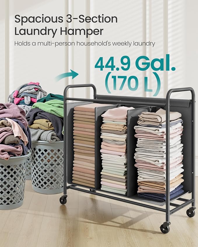SONGMICS 3-Section Laundry Sorter, Laundry Hamper with Wheels, Rolling Clothes Hamper Cart with Large Capacity and Removable Bags, for Laundry Room, Bedroom, Bathroom, Slate Gray URLS330G01 | Rolling Clothes Hamper Cart, Large Capacity, for Laundry Roo... - Image 3