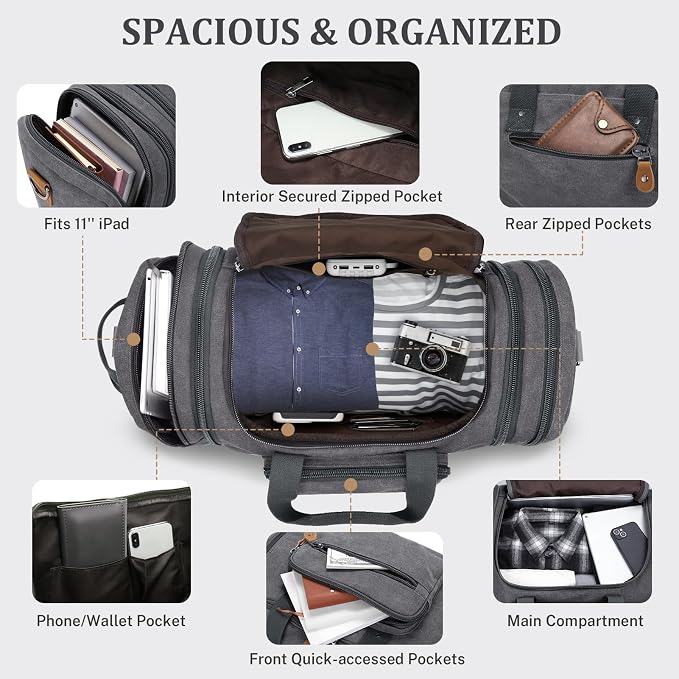 Gonex Canvas Duffle Bag, Expandable 60L Travel Overnight Weekender Bag | for Men, with Shoe Compartment, Multiple Pockets, Tear-Resistant, Durable Zippers, Detachable Strap, Gray - Image 5