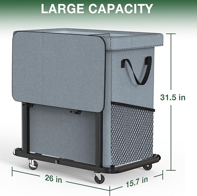 Laundry Basket with Lid,190L Rolling Laundry Hamper with Wheels,Grey | Dirty Clothes Hamper with Metal Frame and Removable Bag Design, Suitable for Laundry Room, Bedroom(2 Section) - Image 6