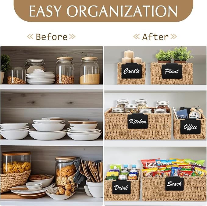 Marsui 6 Pcs Wicker Storage Baskets for Pantry Organization with Labels Handwoven Paper Rope Multi-size Natural Wicker Storage Bins for Organizing Small Baskets Container for Shelves Closet Toilet - Image 6