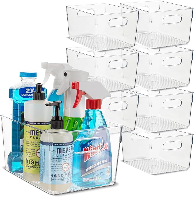 Plastic Food Storage 8 Pack Clear Container Bin with Handles for Organizing Kitchen, Pantry, Refrigerator, Freezer, Pantry, Cabinet, Closet, Bathroom. 10”x7.5”x5.3” by primebox