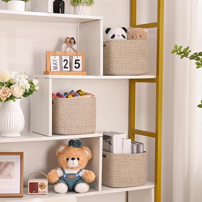 3 Pack Cube Storage Bin, 9”x9”x7” Cotton Rope Woven Baskets for Organizing Toys Clothes Towels, Square Gift Storage Baskets for Shelves, Nursery, Closet, Bathroom, Pantry (Jute) - Image 3