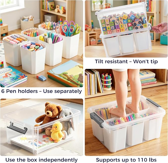 17QT 2Packs Clear Marker Organizer – 6 Detachable Inserts, Stackable Craft Organizers and Storage, Art Supply Organizer for Markers, Crayon, Pencils, Pens and Craft Supplies - Image 6