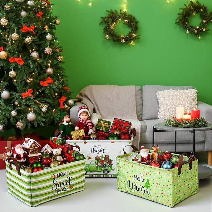 CHENGU 6 Pack Christmas Storage Basket Collapsible Christmas Tree Basket for Gift Green Truck Holiday Decor Large Flower Wreath Bin Foldable Hello Winter Dotted Box with Handle for Bedroom Office Home - Image 4