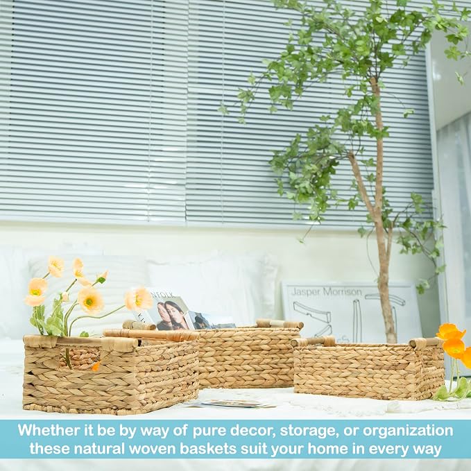 VATIMA Hyacinth Wicker Basket Set 3 size - Rectangular, Wooden Handles, Shelf Organizer, Natural Bins - Image 7